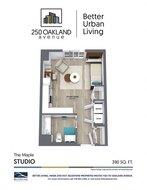 Floor plan for studio, 1 bath, 390 sqft